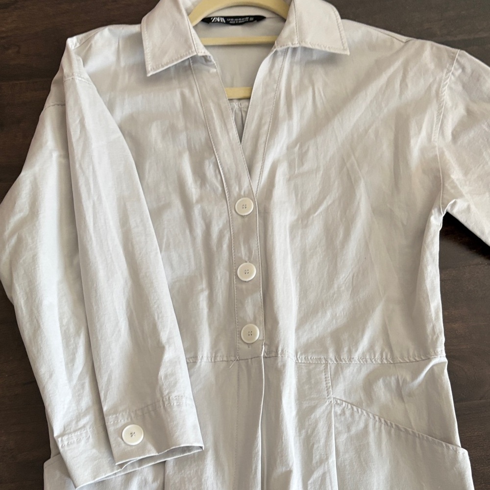 Zara Light Gray Utility Button-Front Jumpsuit - image 4